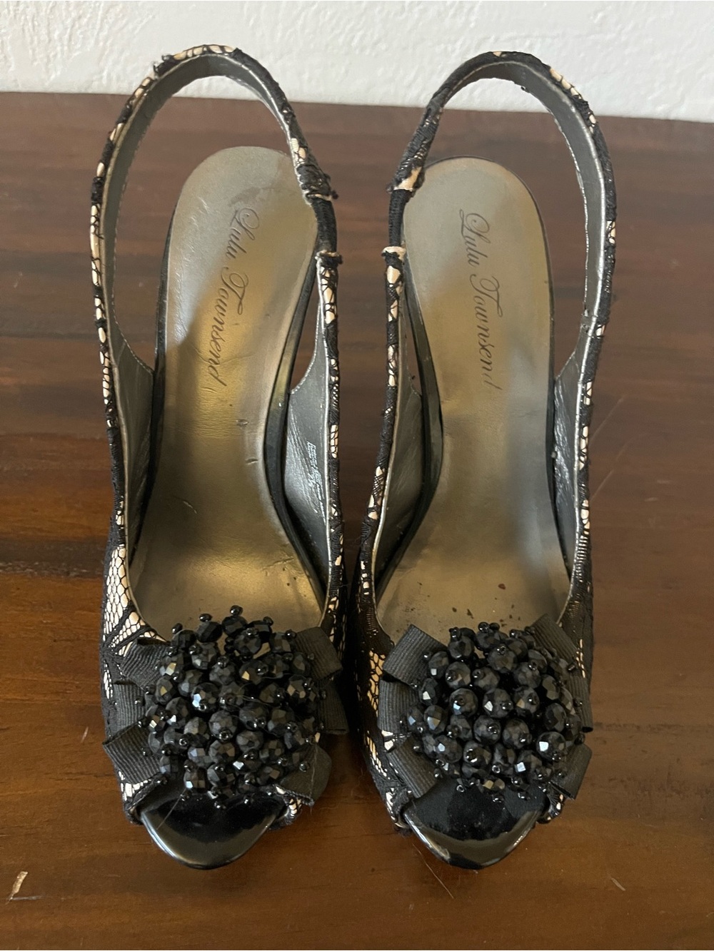 Lulu Townsend Black Beaded Peep-Toe Slingback Heels